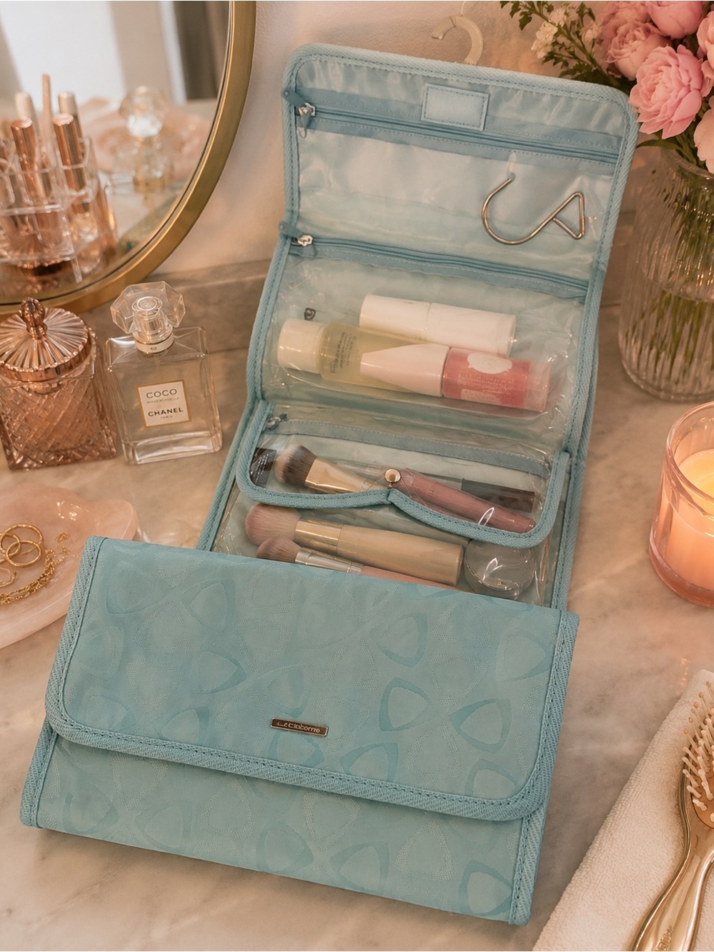 Liz Claiborne Fold Away Cosmetic Makeup Travel Case Bag Clutch Waterproof Case